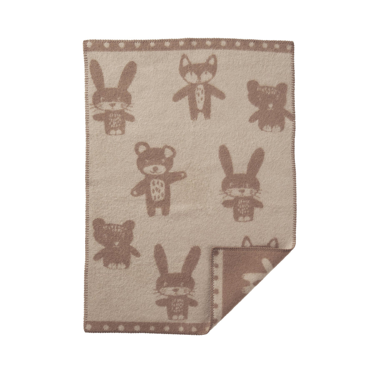 Bunny & Bear – Wollen babydeken met konijntjes en beertjes van – 100% lamswol – 65 × 90 cm – Klippan Yllefabrik