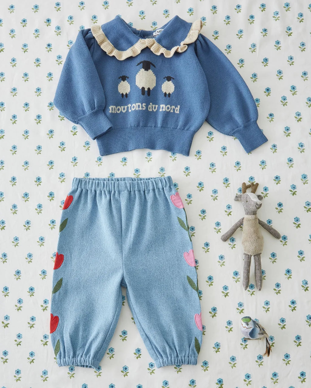 Baby Broekje – Light Denim Embroidered Tulips – 100% katoen - Emile et Ida