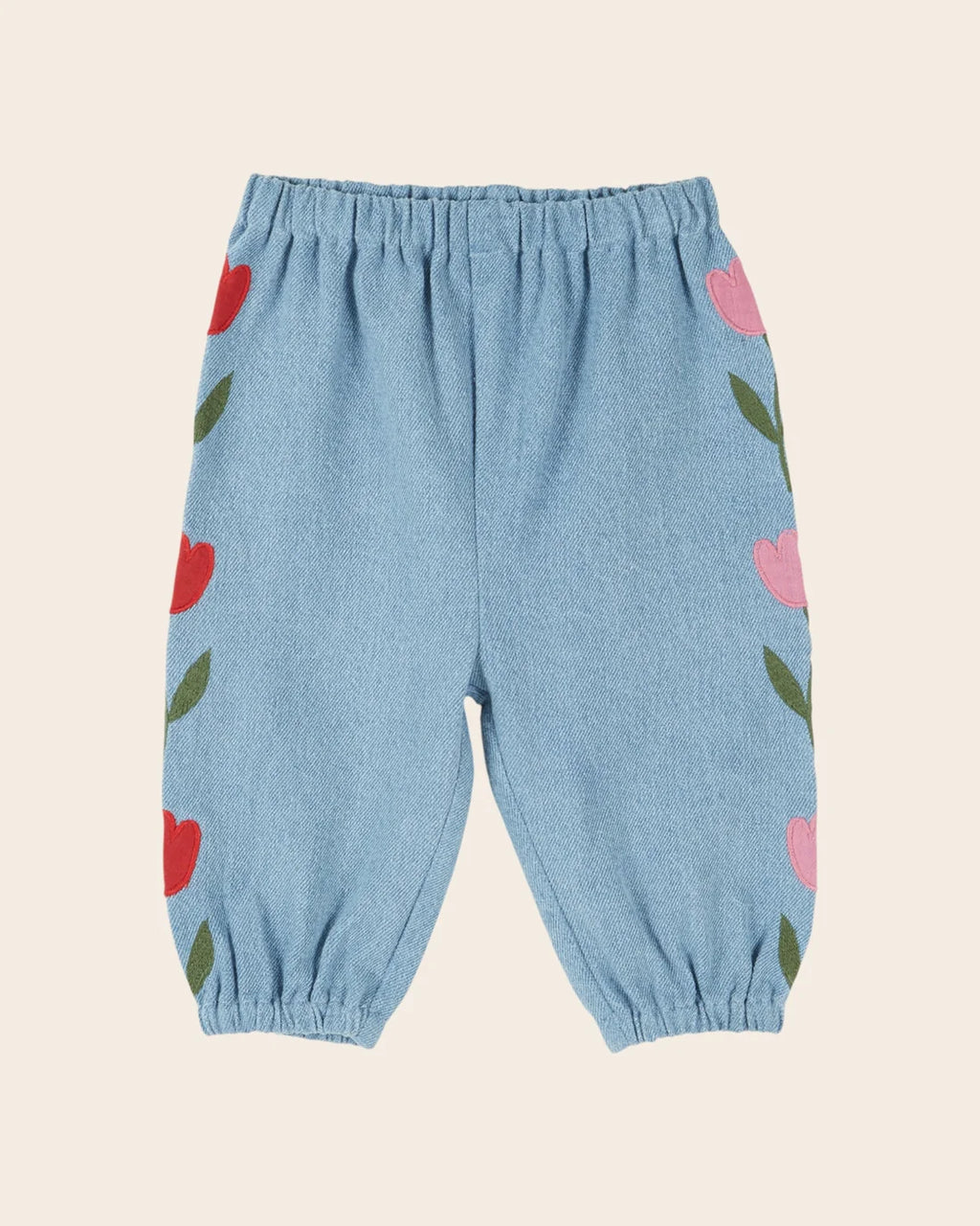 Baby Broekje – Light Denim Embroidered Tulips – 100% katoen - Emile et Ida