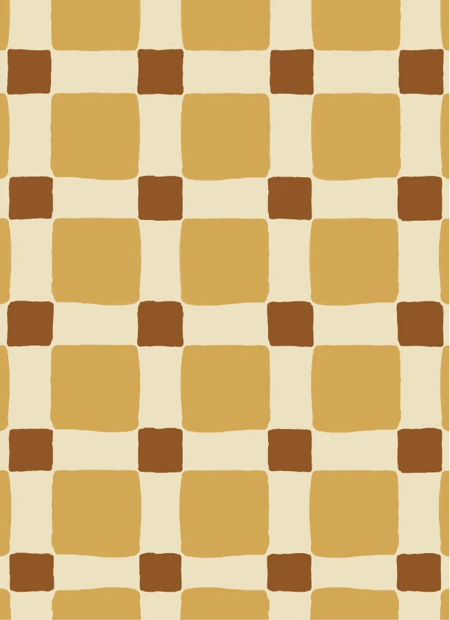 Geblokt Quilt Okergeel – Atelier Chien: Detailansicht des Tapetenmusters.