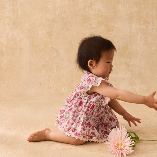 Lena Romper Dress - Organic Cotton - Cream Floral Haven - Louise Misha