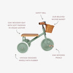 Kinder driewieler met rieten mandje - Trike Vintage - Forest Green - Banwood - productfoto - afbeelding 3