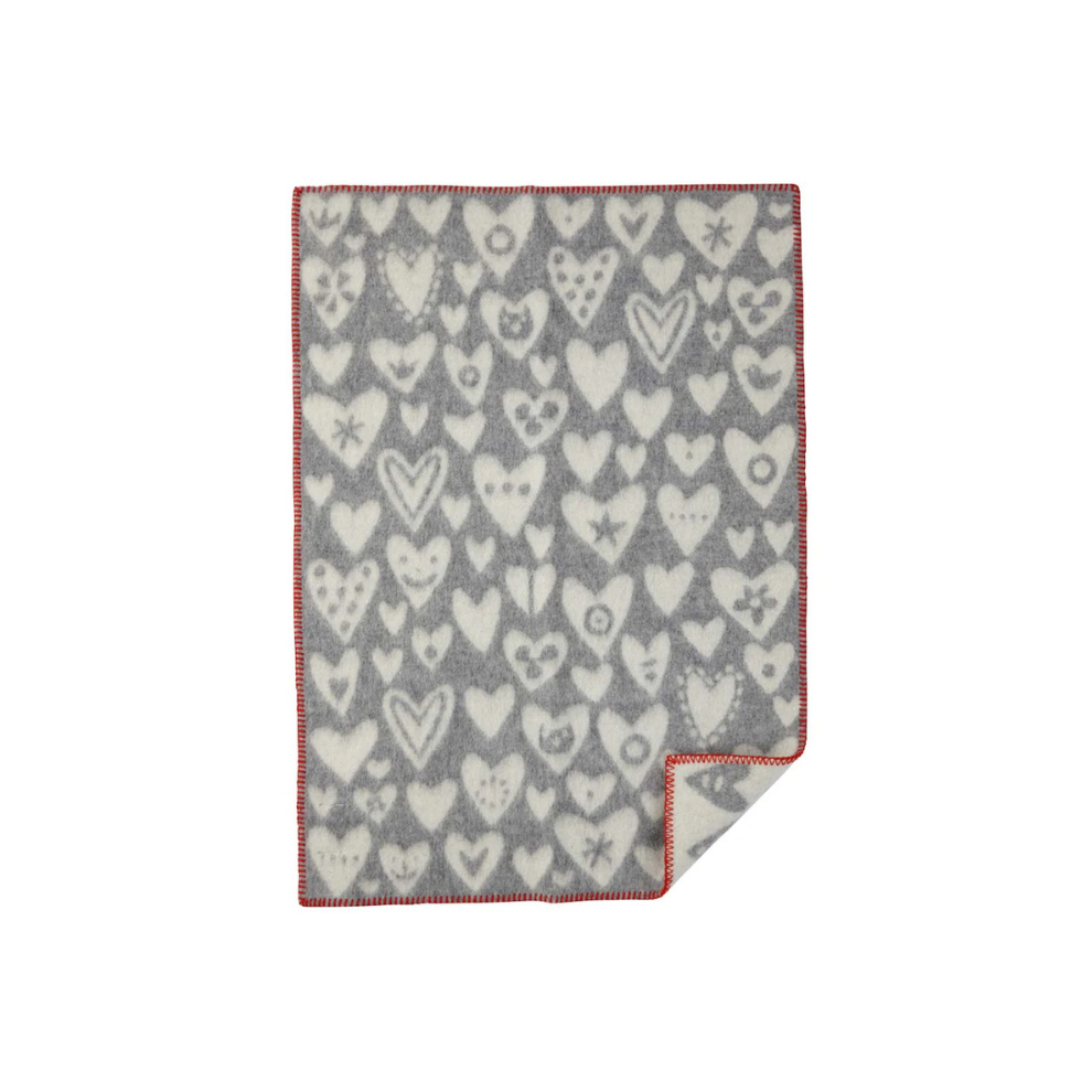 Wiegedecke Herzchen - 65x90 cm - Bio-Wolle - Baby heart grey/white - Klippan