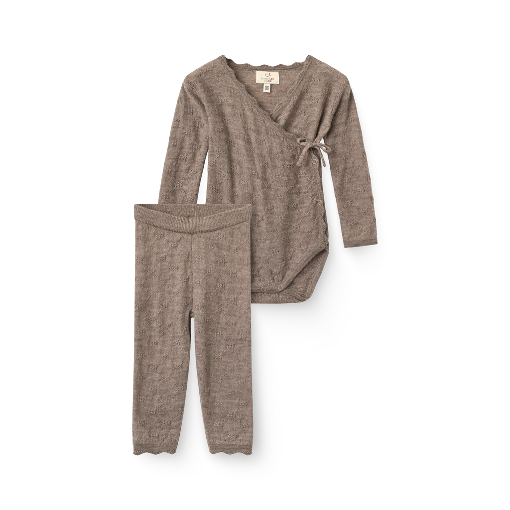 Baby setje - Pointelle overslag romper en legging - Natural Melange - 100% merino wol - Copenhagen Colors - voor aanzicht