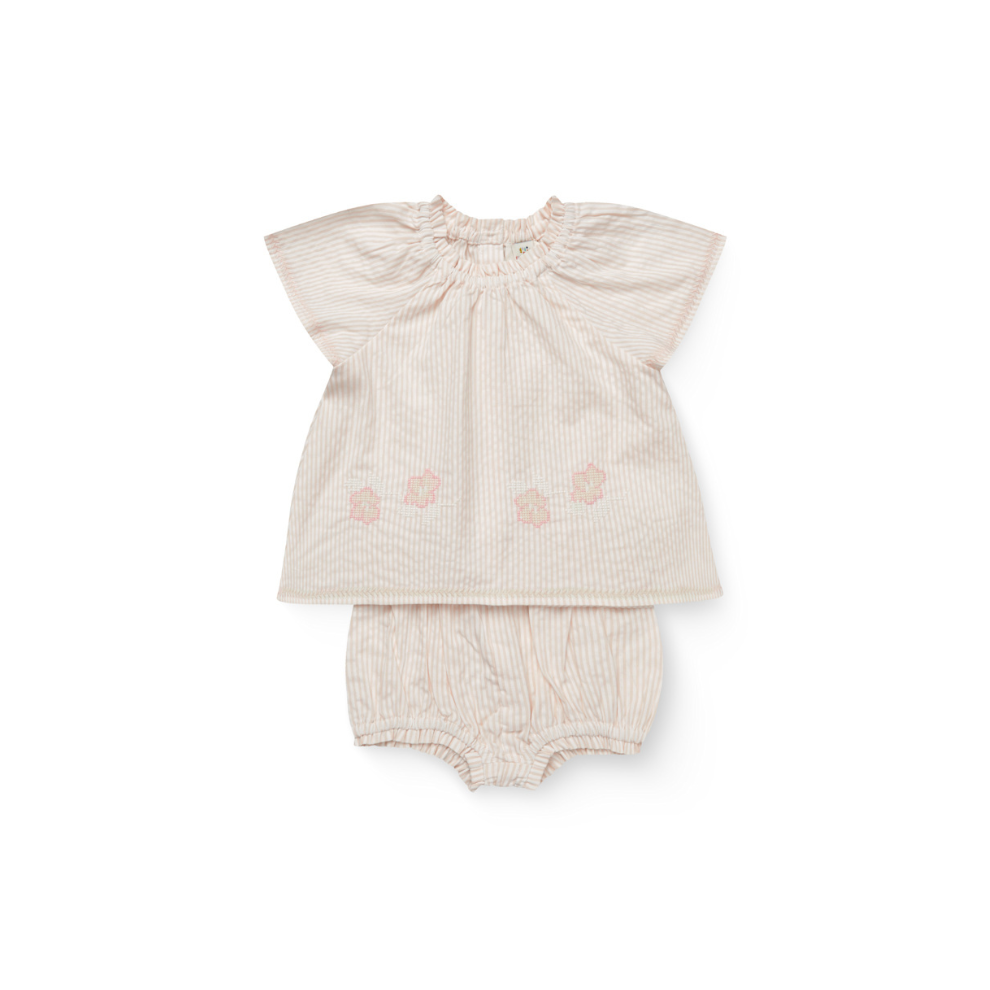 Seersucker Baby-Set met Borduursel - Biologisch katoen - Dusty Rose/Cream Stripe - Copenhagen Colors voor