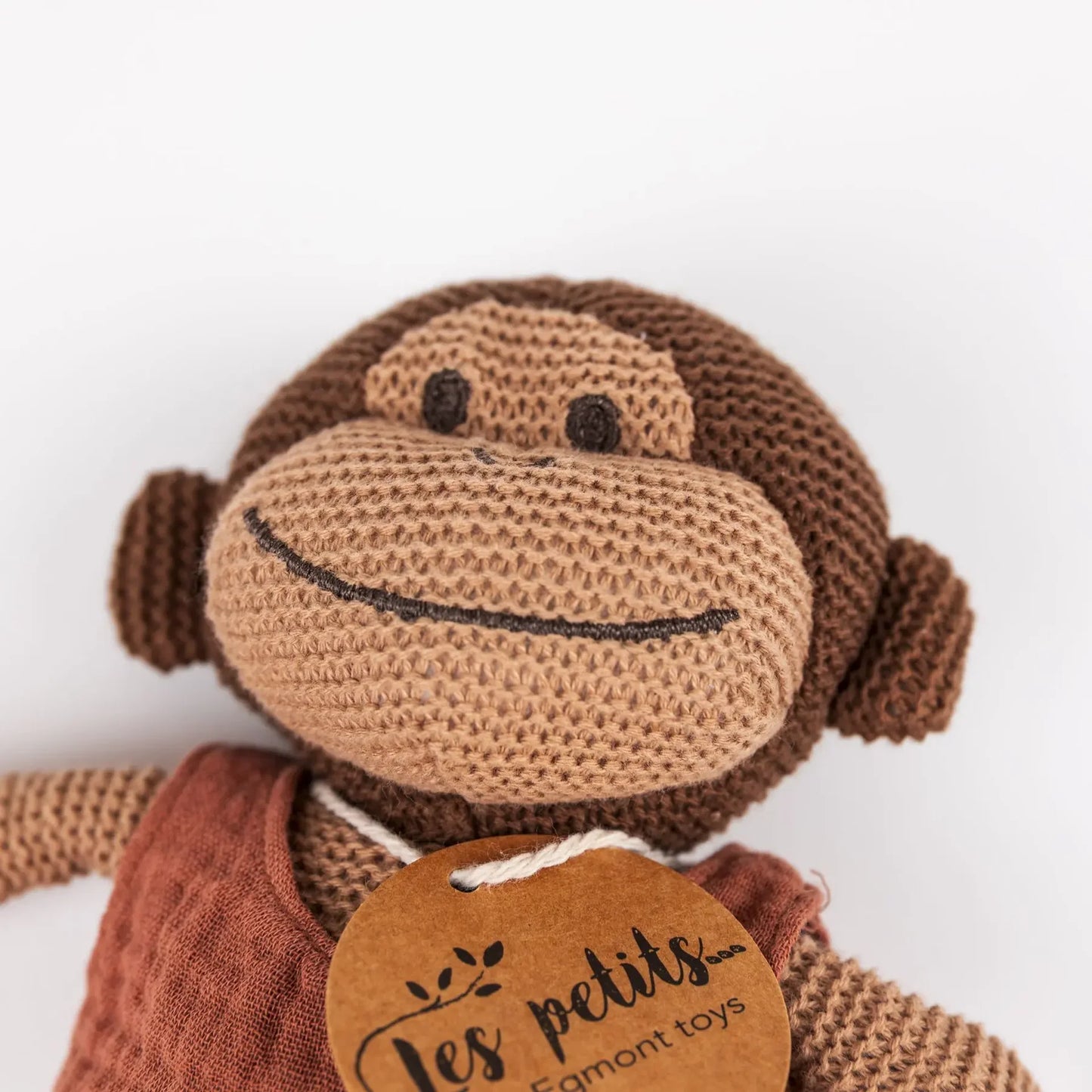Paulo de gebreide aap - katoenen knuffel met rammelaar - Egmont Toys close up hoofd