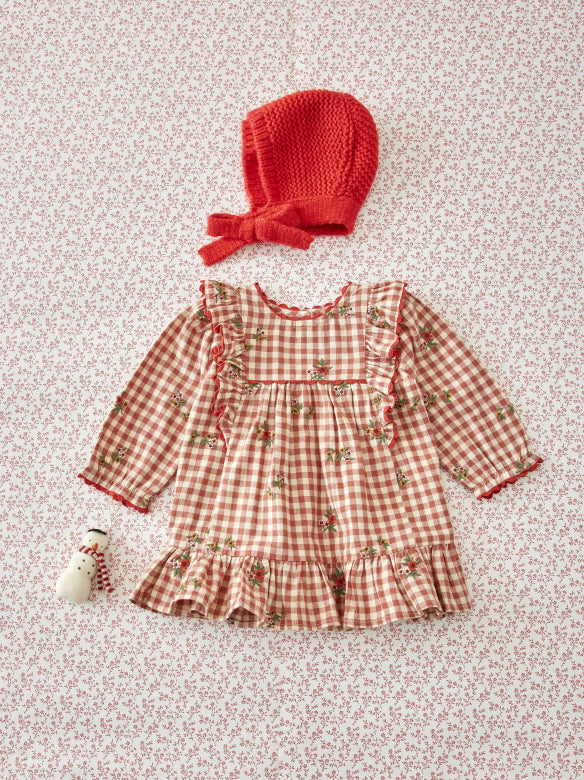 Geruit jurkje met bloemenborduursel – Roodbruin - Robe Vichy Volant/Broderie – Emile et Ida