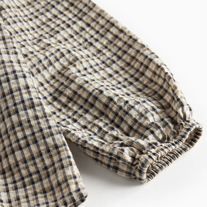 Blouse top Takari scarf - Biologisch katoen - Pilot Navy Check - Marmar Copenhagen mouw