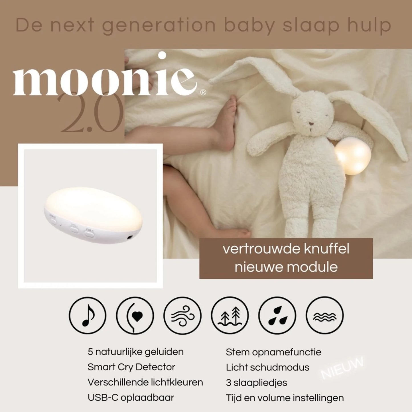 Kuschelhase mit Herzschlag & White Noise - The Humming Bunny 2.0 - Bio GOTS Baumwolle - Moonie