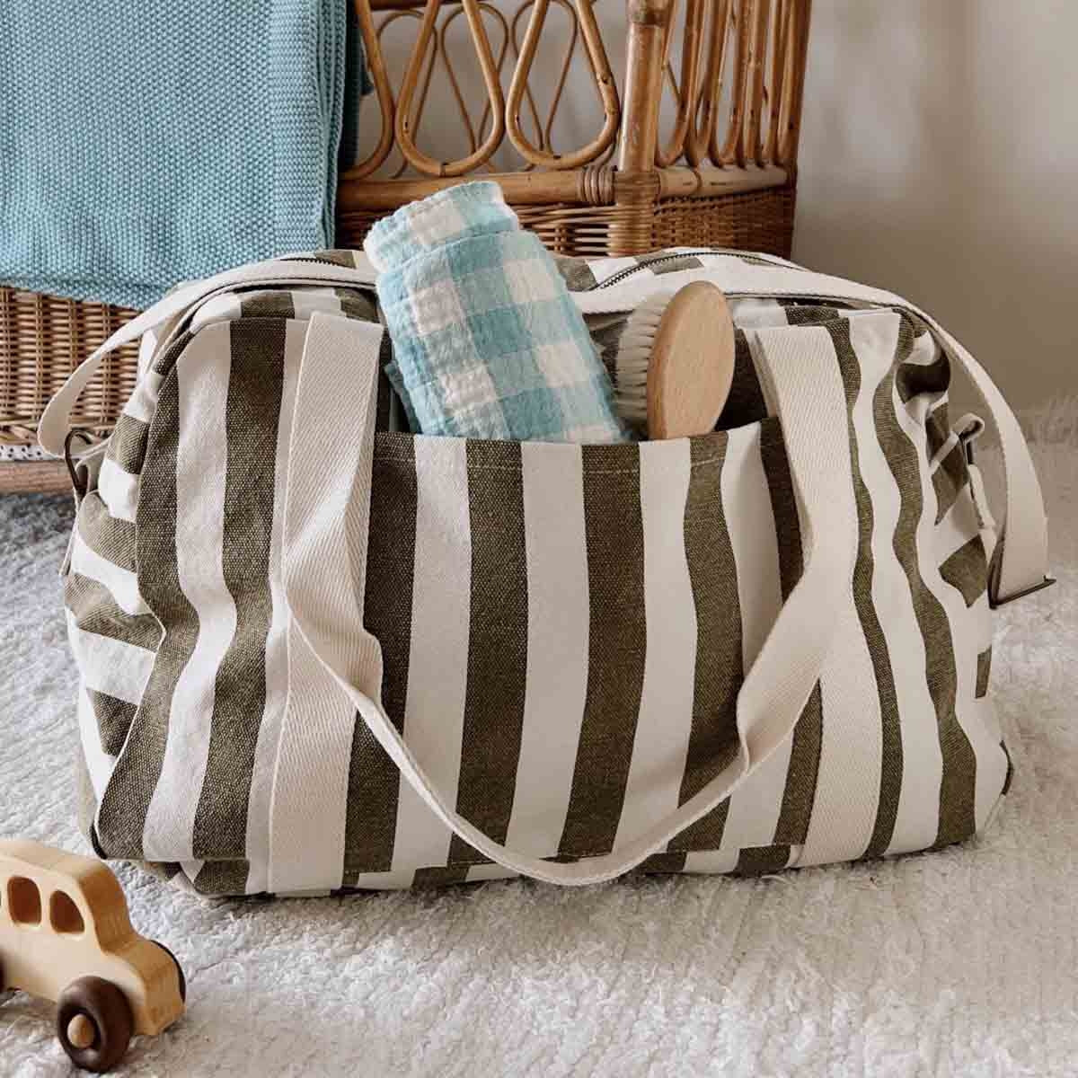 Wickeltasche/Wochenendtasche Raphael - Stripes Greige/Olive - Wasserabweisende Baumwolle - Rose in April