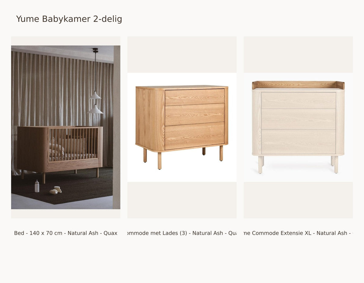 Quax Yume Babyzimmer 2-teilig – Natural Ash – 140 × 70 – Kommode mit Schubladen – mit XL-Verlängerung – mit Juniorkit: Set mit Bett - 140 x 70 cm - Natural Ash - Quax, Kommode mit Schubladen (3) - Natural Ash - Quax, & Yume Kommoden-Verlängerung XL - Natural Ash - Quax.