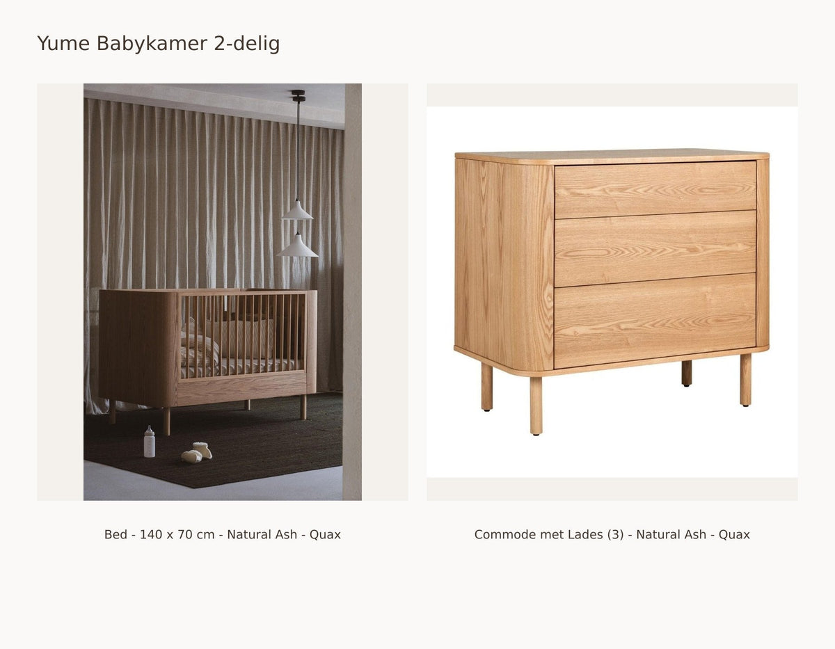 Quax Yume Nursery Set 2-Piece – Natural Ash – 140 × 70 – Dresser with drawers – with toddler safety rail and junior kit: set with Crib/Toddler Bed - 140 x 70 cm - Natural Ash - Quax, Dresser with Drawers (3) - Natural Ash - Quax.