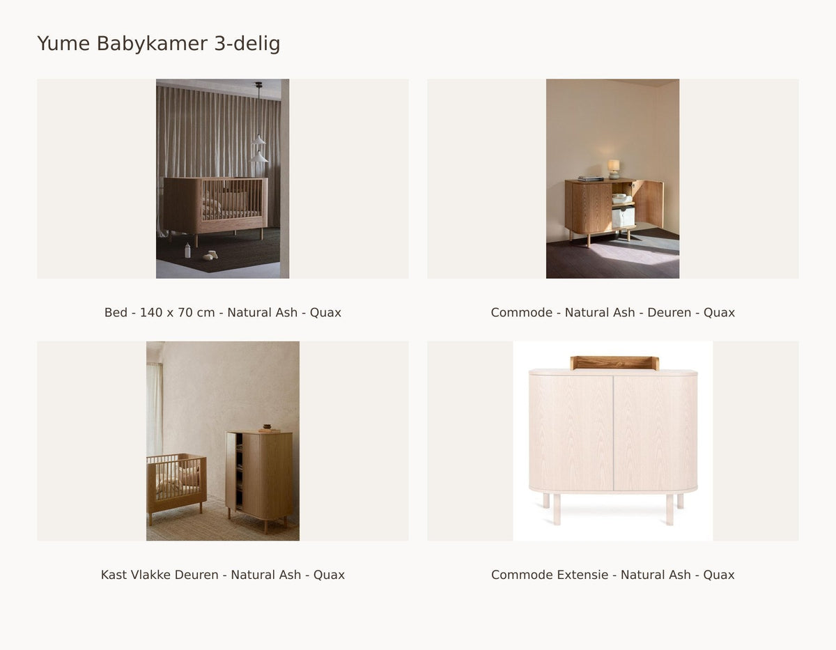 Quax Yume Nursery Set 3-Piece – Natural Ash – 140 × 70 – Dresser doors – Wardrobe flat doors – with changing table extension – with toddler rail: set with Crib / Toddler Bed - 140 x 70 cm - Natural Ash - Quax, Dresser - Natural Ash - Doors - Quax, Wardrobe Flat Doors - Natural Ash - Quax, Changing Table Extension - Natural Ash - Quax.