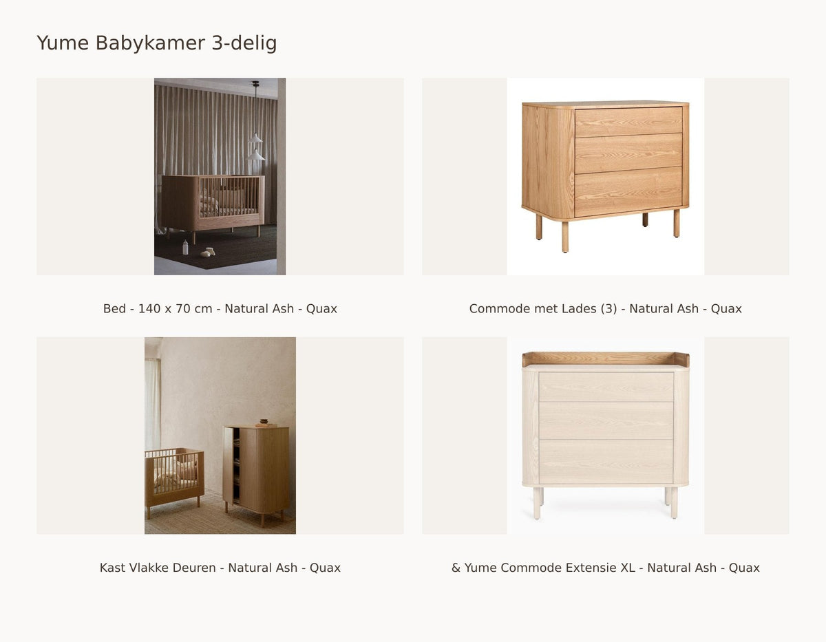 Quax Yume Babyzimmer 3-teilig – Natural Ash – 140 × 70 – Kommode mit Schubladen – Kleiderschrank mit flachen Türen – mit XL-Verlängerung – mit Rausfallschutz und Junior-Kit: Set mit Bett - 140 x 70 cm - Natural Ash - Quax, Kommode mit Schubladen (3) - Natural Ash - Quax, Schrank mit flachen Türen - Natural Ash - Quax, & Yume Kommoden-Verlängerung XL - Natural Ash - Quax.
