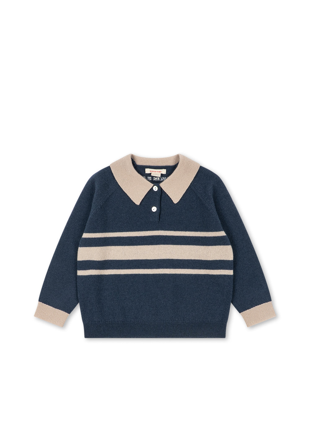 Wollen polo Basi – Dark Blue Stripe – Konges Sløjd: donkerblauwe wollen polo met lichte kraag en strepen, vooraanzicht.