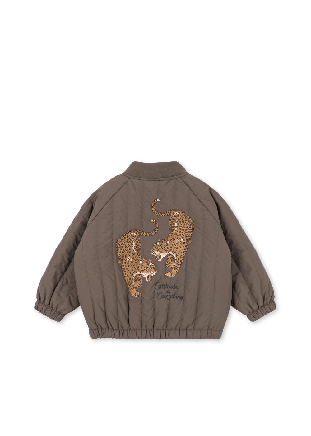 Veste thermique Juno Bomber – Walnut – Konges Sløjd : dos du blouson bomber marron avec grande illustration de léopard.