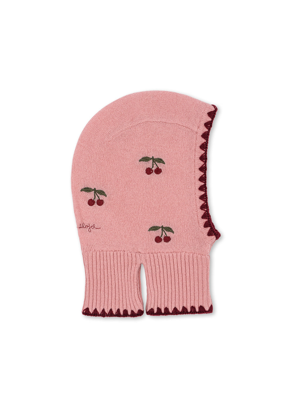 Woll-Balaclava Collette – Pale Blush – Konges Sløjd: rosa Strick-Balaclava mit Kirschen und dunklem Saum, von der Seite.