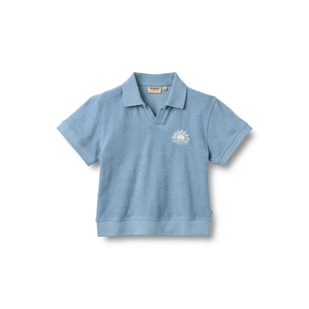 Badstof Top - Polo Shirt S/S Marlo - Biologisch katoen - Faded Denim/Blauw - Wheat voor