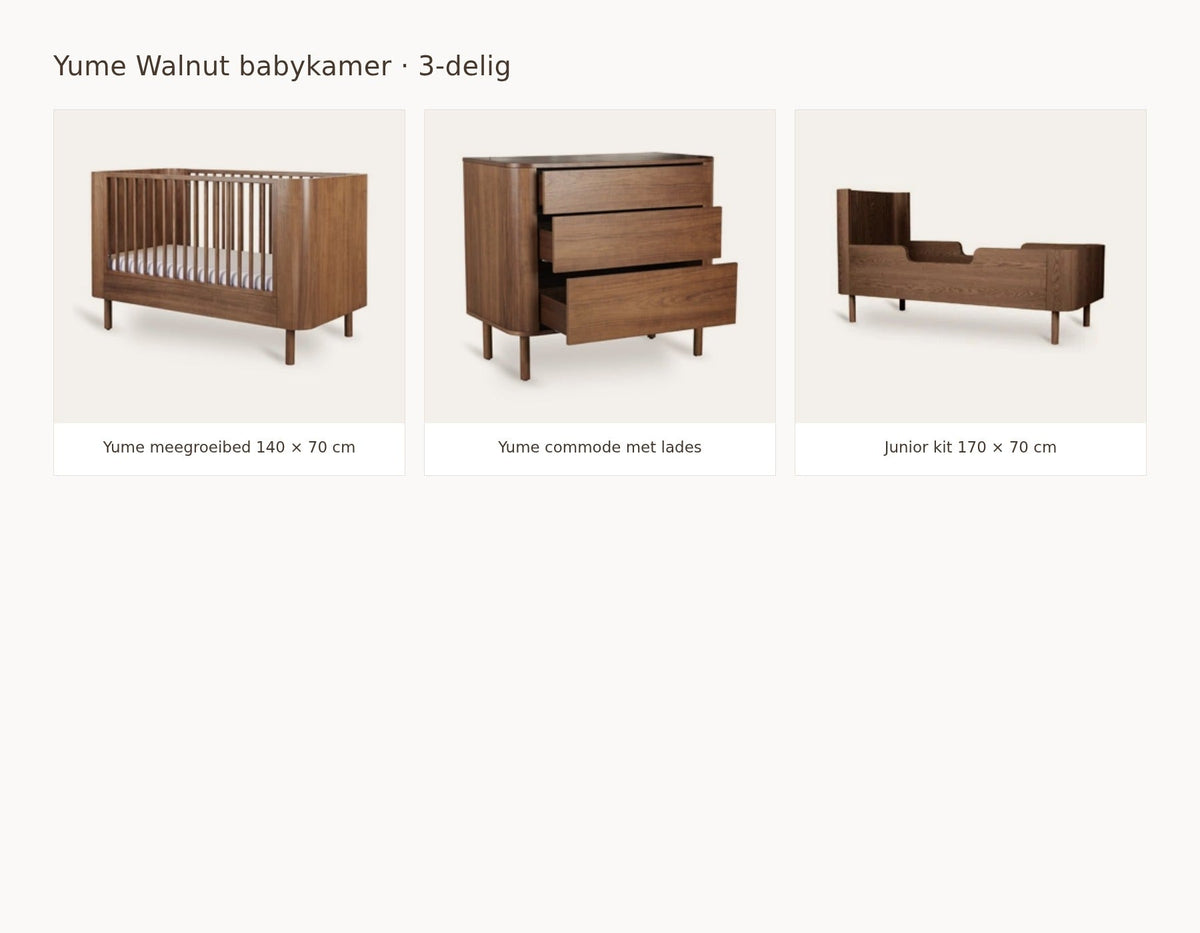 Quax Yume Walnut babykamer: samenstelling van 2 delig walnut 140 70 commode met lades juniorkit