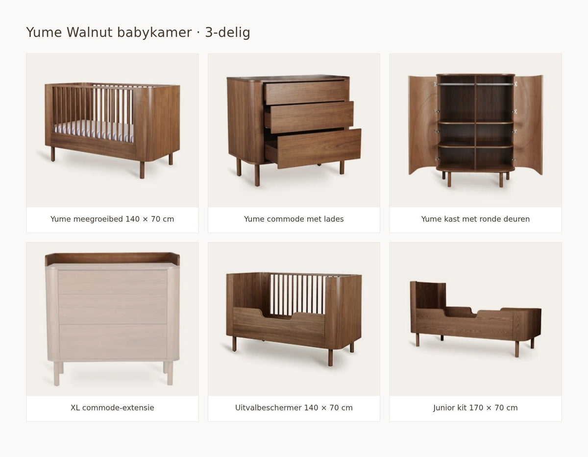 Quax Yume Walnut babykamer: samenstelling van 3 delig walnut 140 70 commode met lades kast ronde deuren extensie xl uitvalbeschermer juniorkit