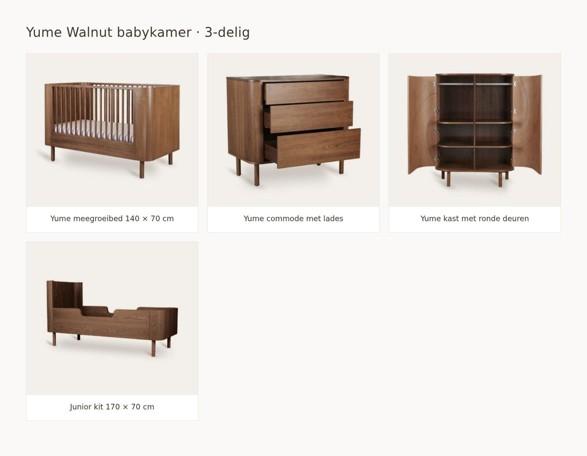 Quax Yume Walnut babykamer: samenstelling van 3 delig walnut 140 70 commode met lades kast ronde deuren juniorkit