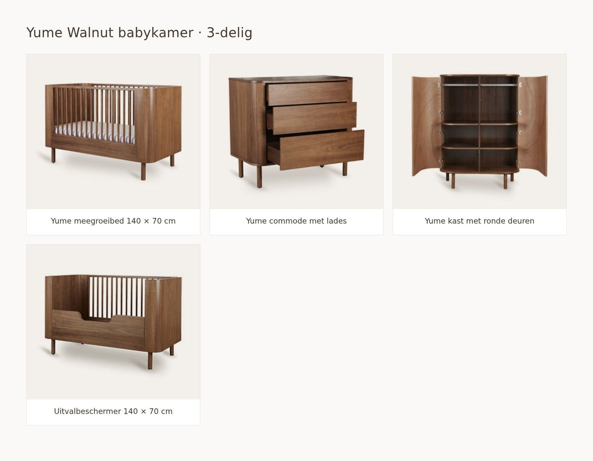 Quax Yume Walnut babykamer: samenstelling van 3 delig walnut 140 70 commode met lades kast ronde deuren uitvalbeschermer